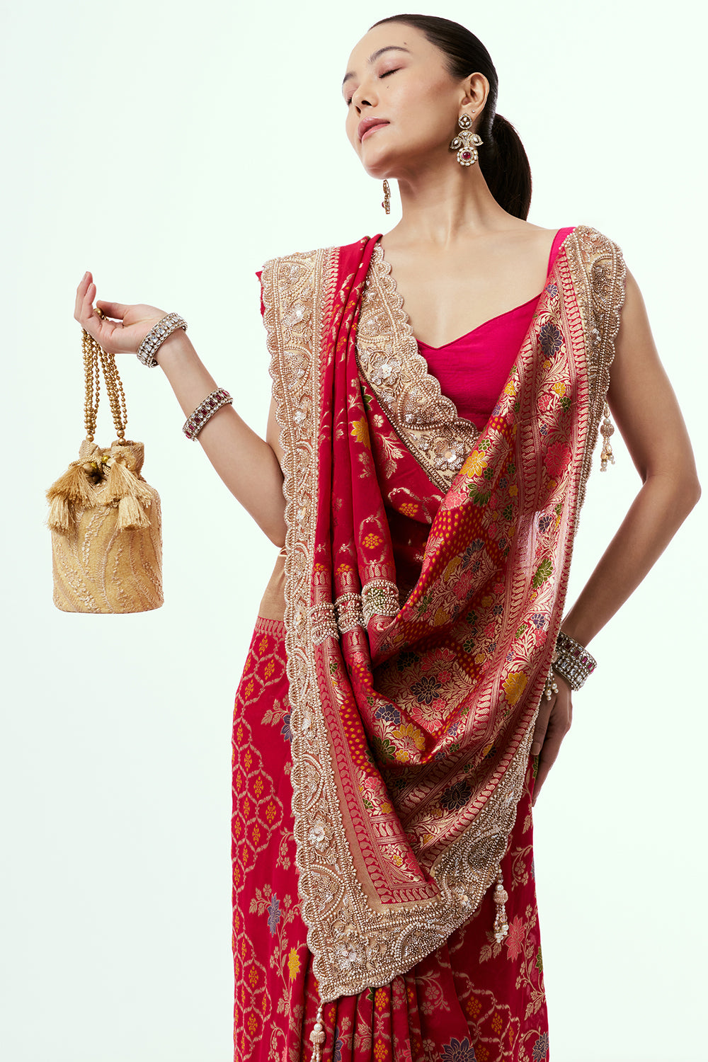 Rani Pink Georgette Saree with Scalloped Pearl Border