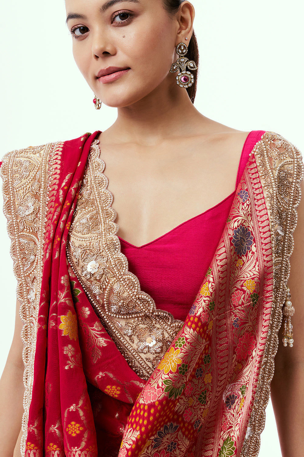 Rani Pink Georgette Saree with Scalloped Pearl Border