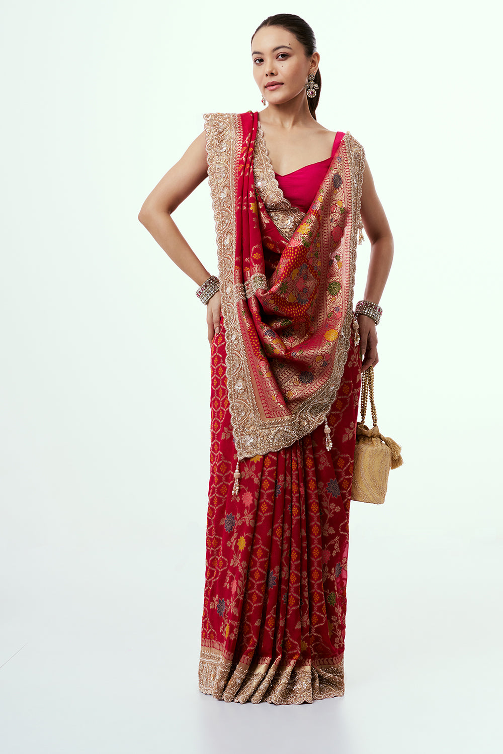 Rani Pink Georgette Saree with Scalloped Pearl Border
