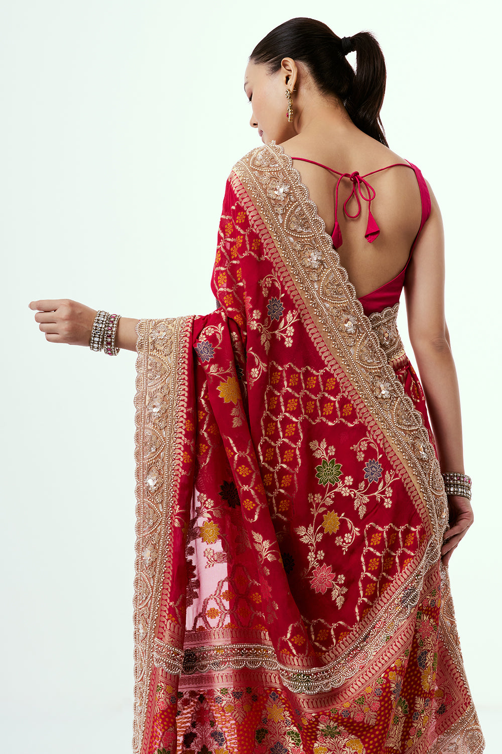 Rani Pink Georgette Saree with Scalloped Pearl Border