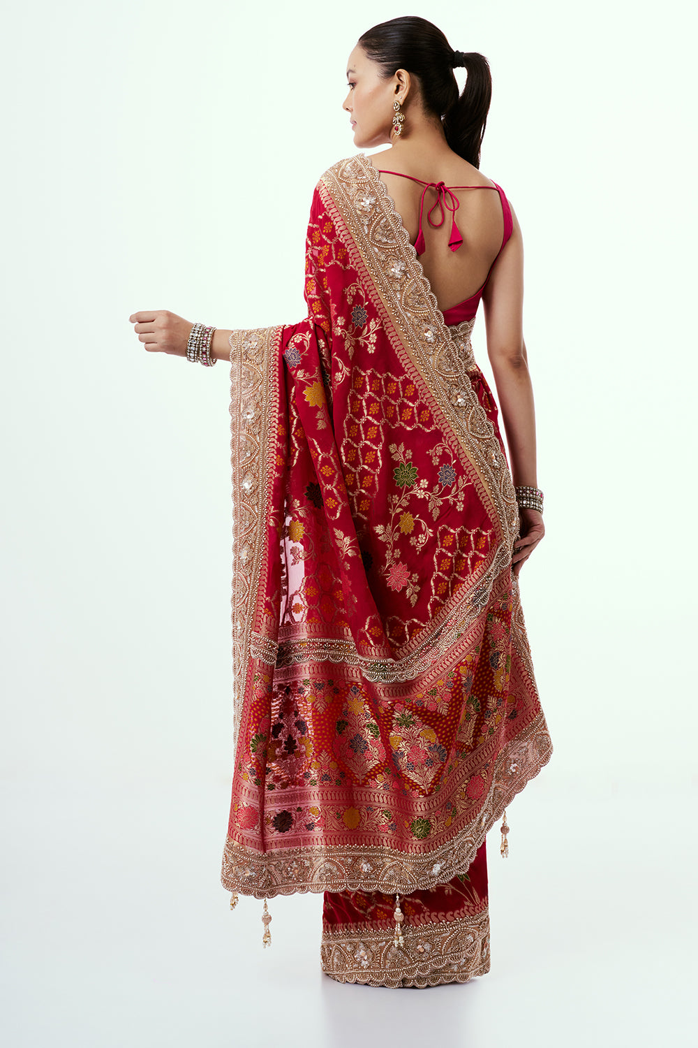 Rani Pink Georgette Saree with Scalloped Pearl Border