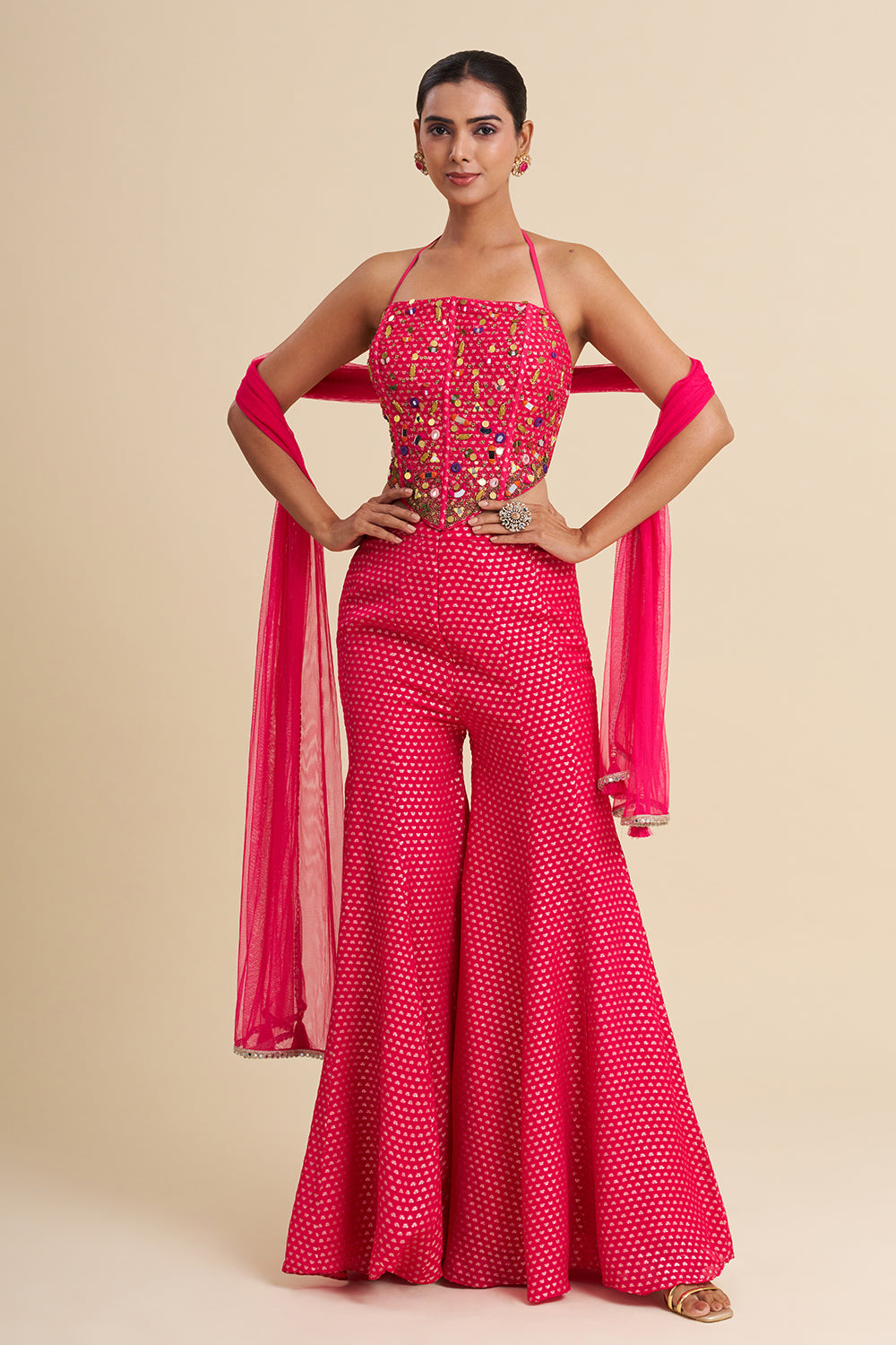 Rani Pink Georgette Sharara Set with Mirror Work