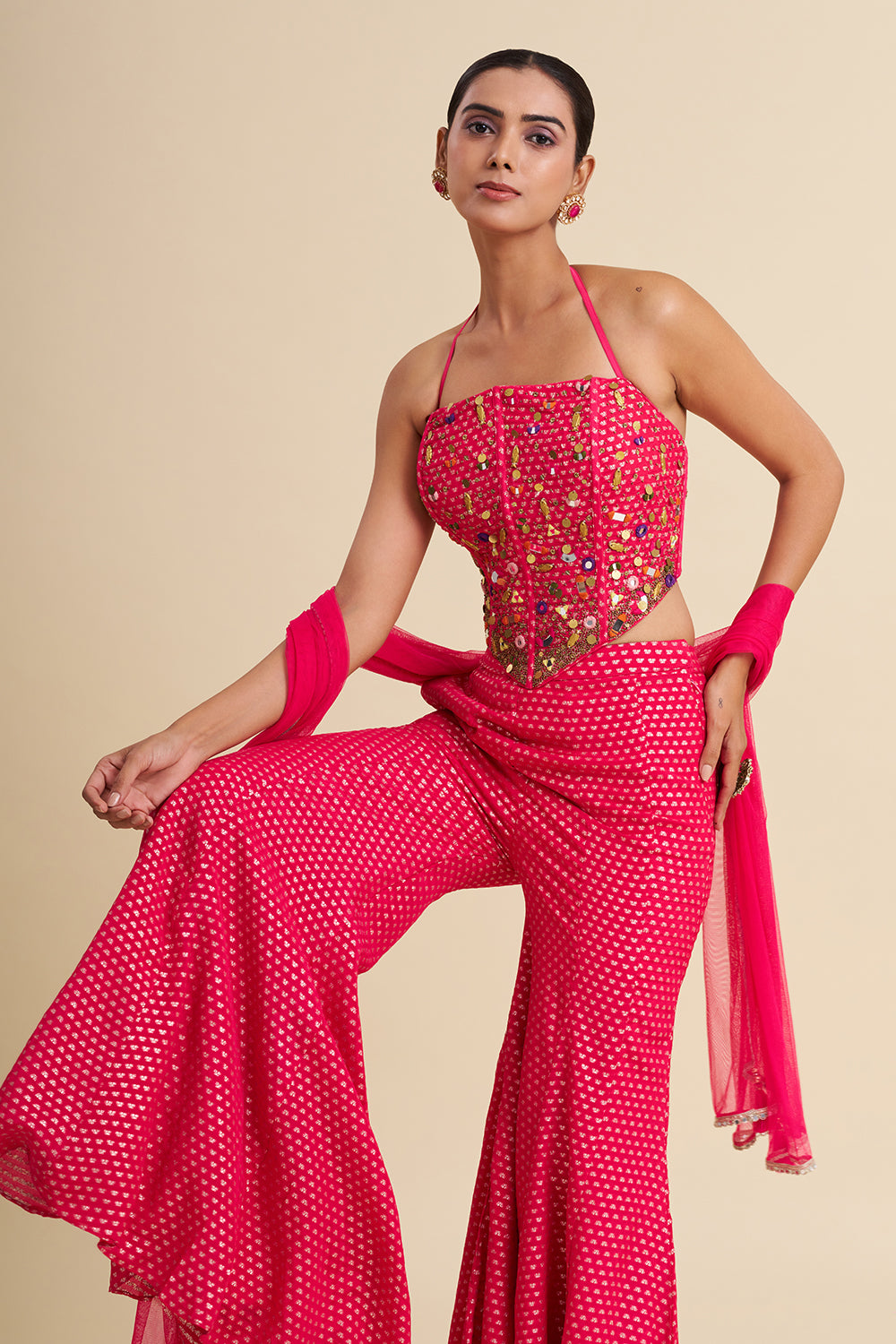 Rani Pink Georgette Sharara Set with Mirror Work
