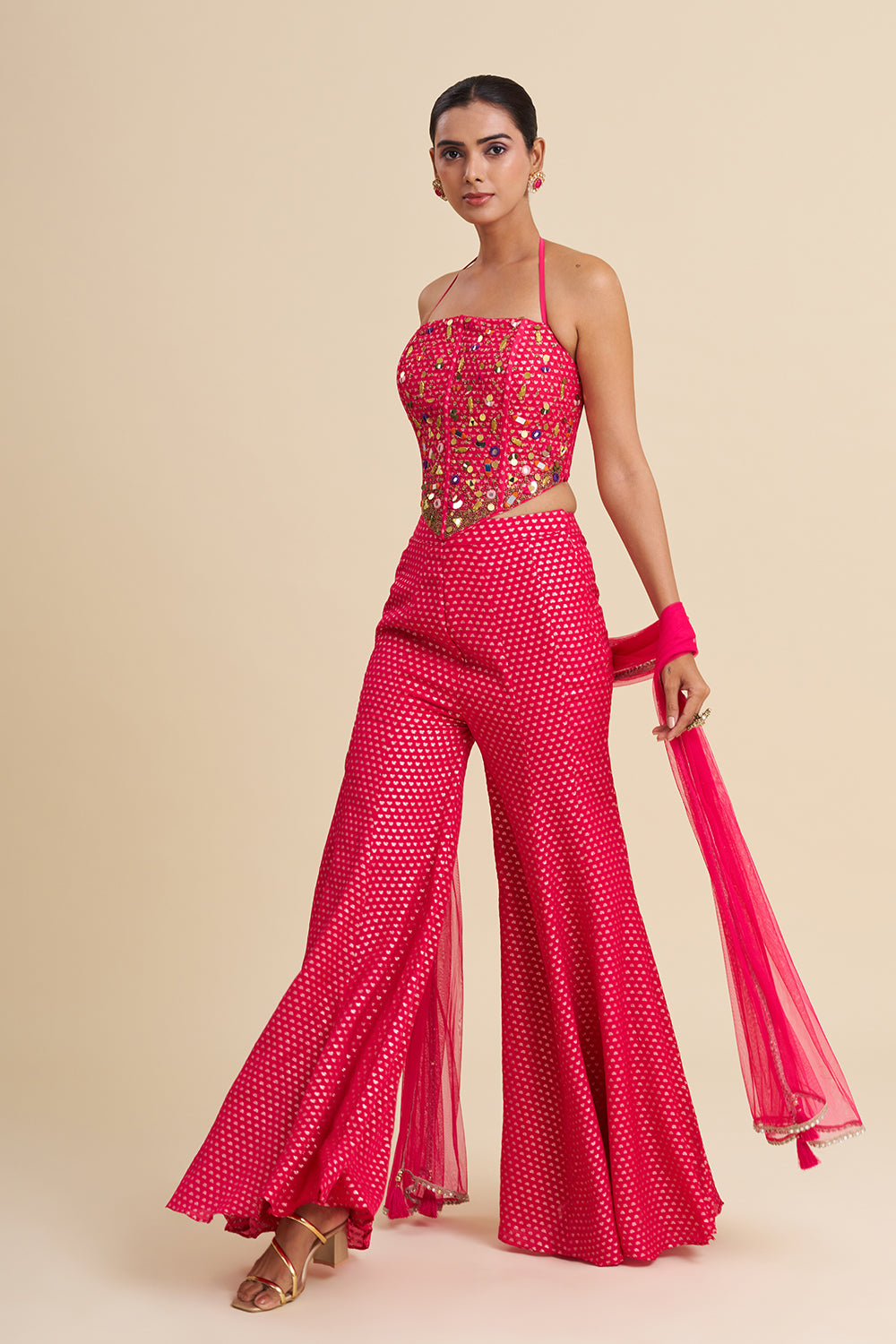 Rani Pink Georgette Sharara Set with Mirror Work