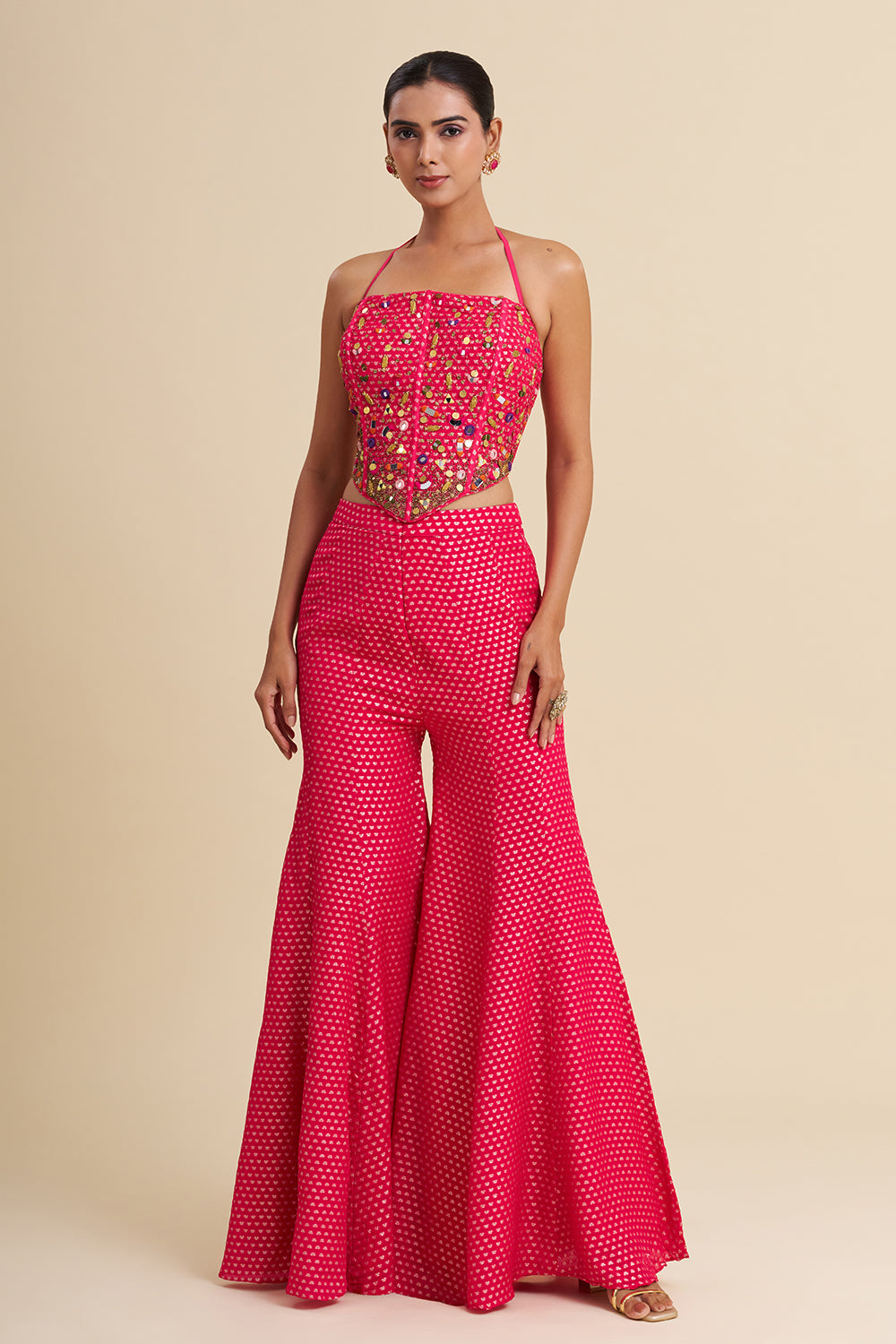 Rani Pink Georgette Sharara Set with Mirror Work