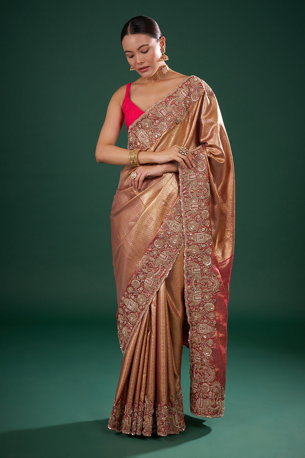 Rani Pink and Gold Banarasi Saree with Zardozi Work and Unstitched Blouse