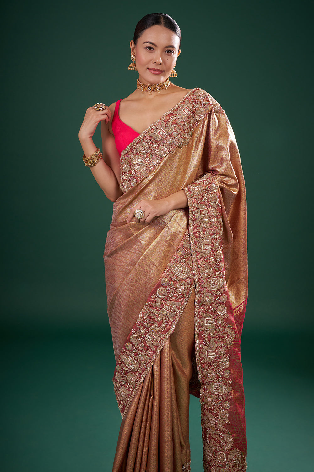 Rani Pink and Gold Banarasi Saree with Zardozi Work and Unstitched Blouse