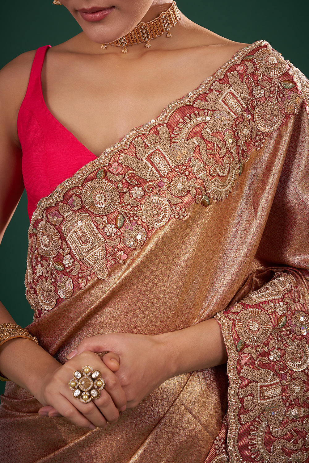 Rani Pink and Gold Banarasi Saree with Zardozi Work and Unstitched Blouse