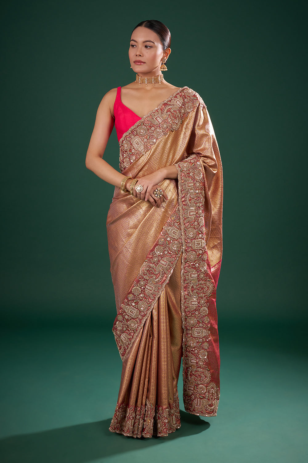 Rani Pink and Gold Banarasi Saree with Zardozi Work and Unstitched Blouse