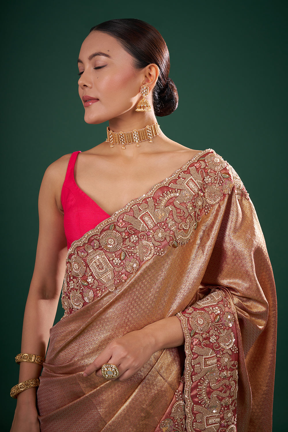 Rani Pink and Gold Banarasi Saree with Zardozi Work and Unstitched Blouse