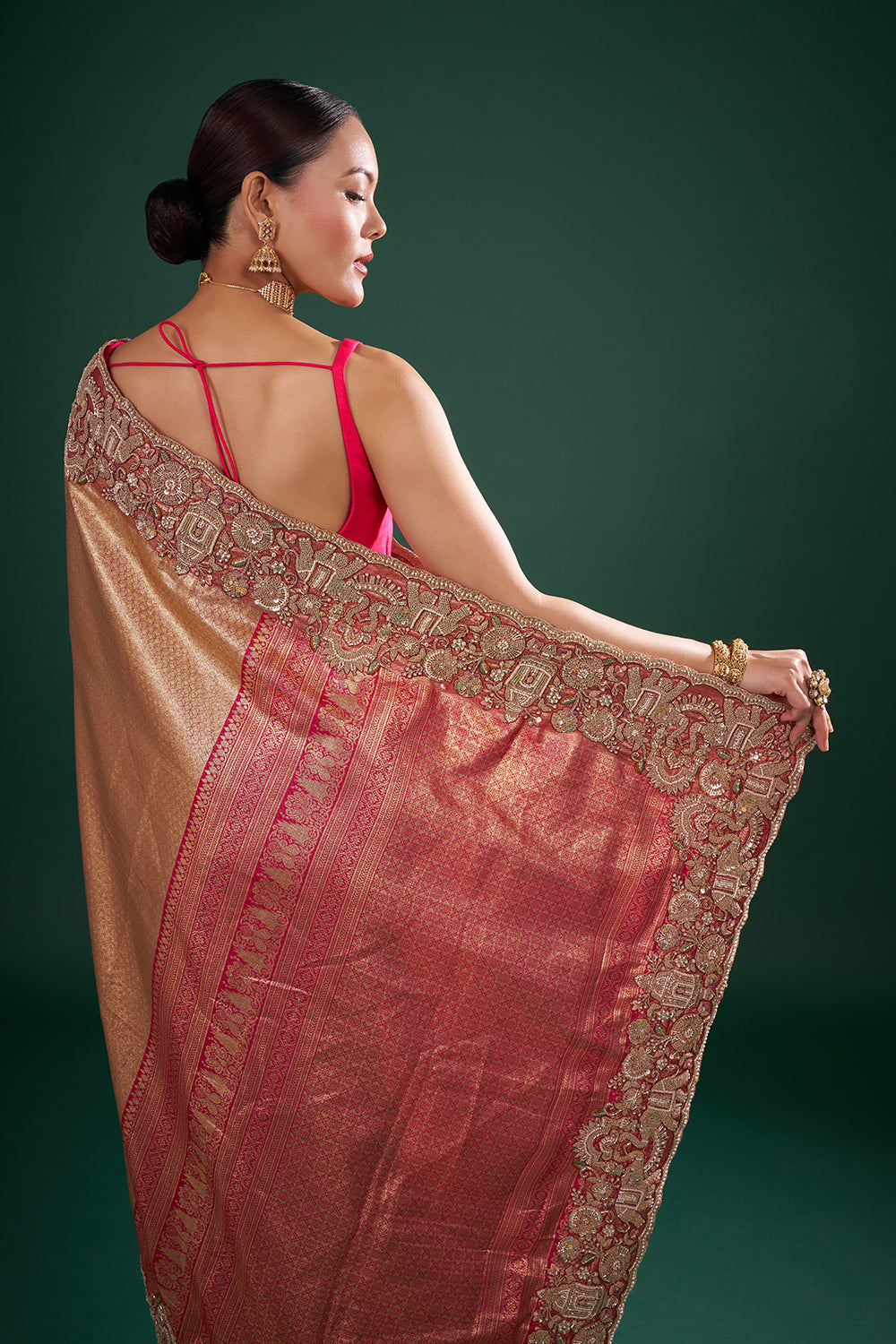 Rani Pink and Gold Banarasi Saree with Zardozi Work and Unstitched Blouse