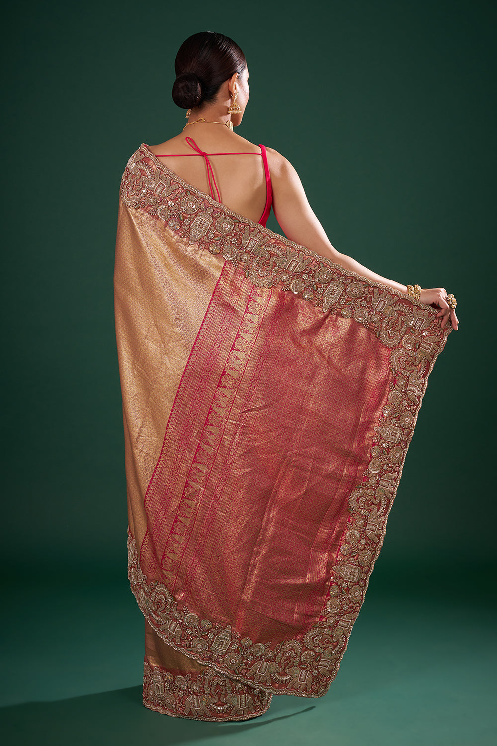 Rani Pink and Gold Banarasi Saree with Zardozi Work and Unstitched Blouse