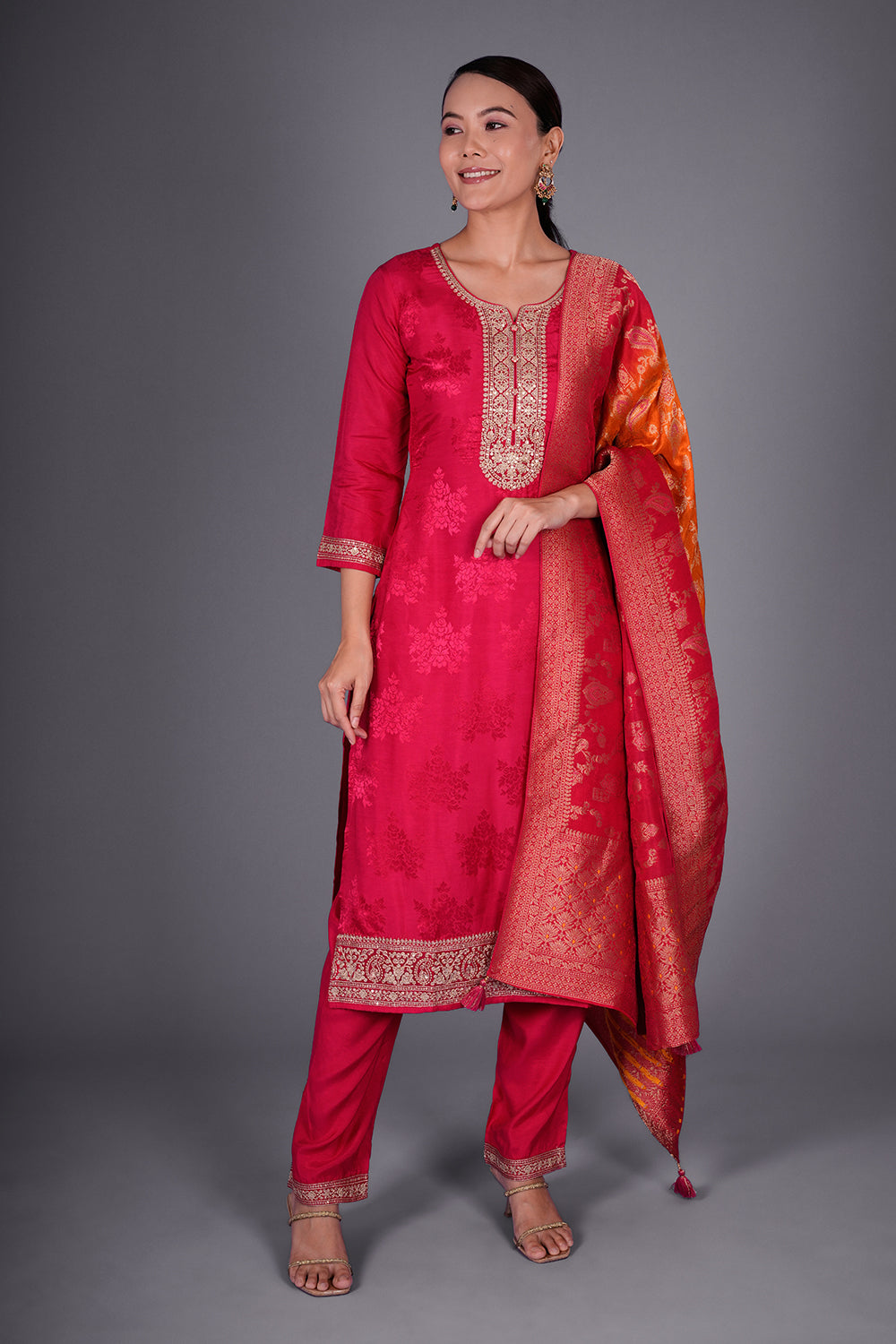 Rani Pink Jacquard Kurta Set with Light Gold Zari Embroidery