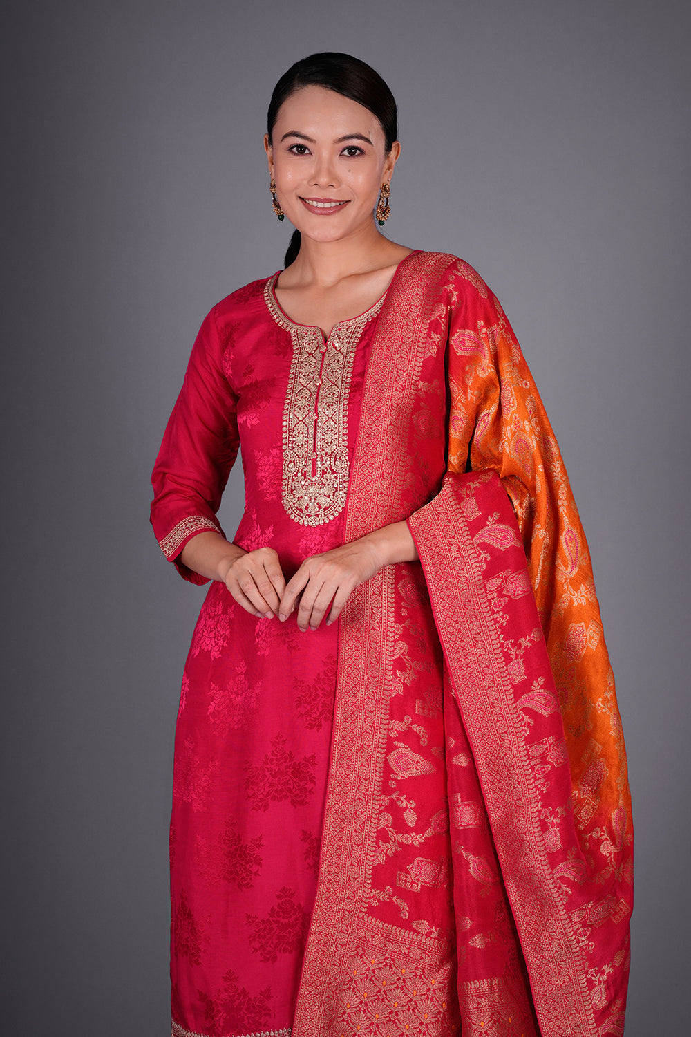 Rani Pink Jacquard Kurta Set with Light Gold Zari Embroidery