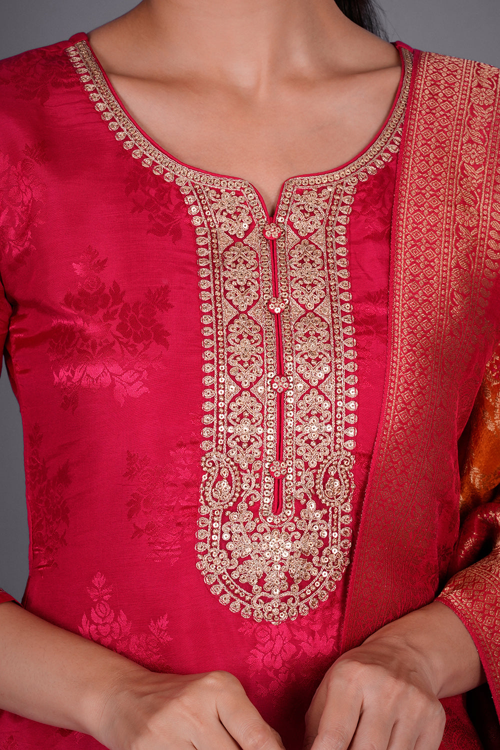 Rani Pink Jacquard Kurta Set with Light Gold Zari Embroidery