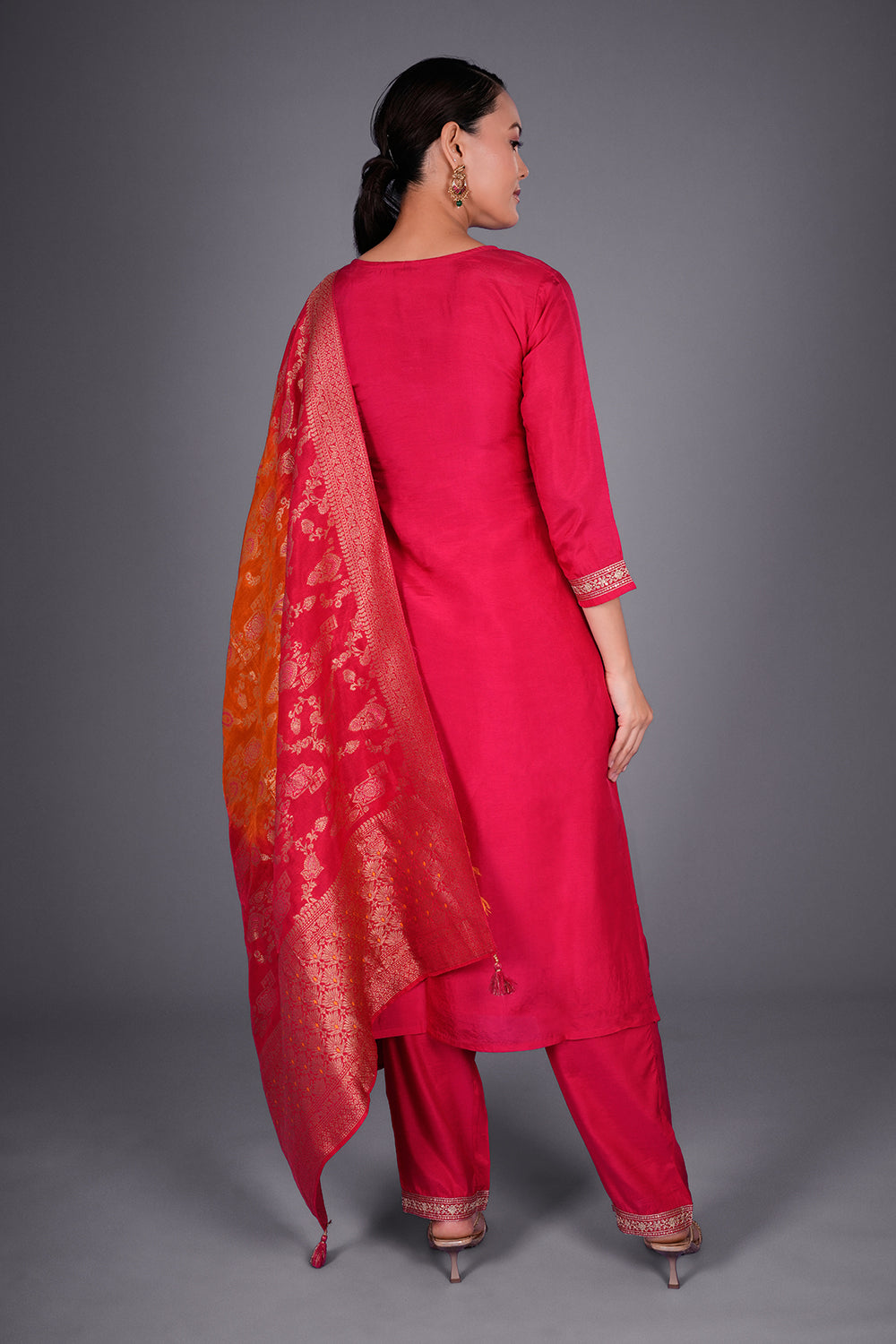 Rani Pink Jacquard Kurta Set with Light Gold Zari Embroidery