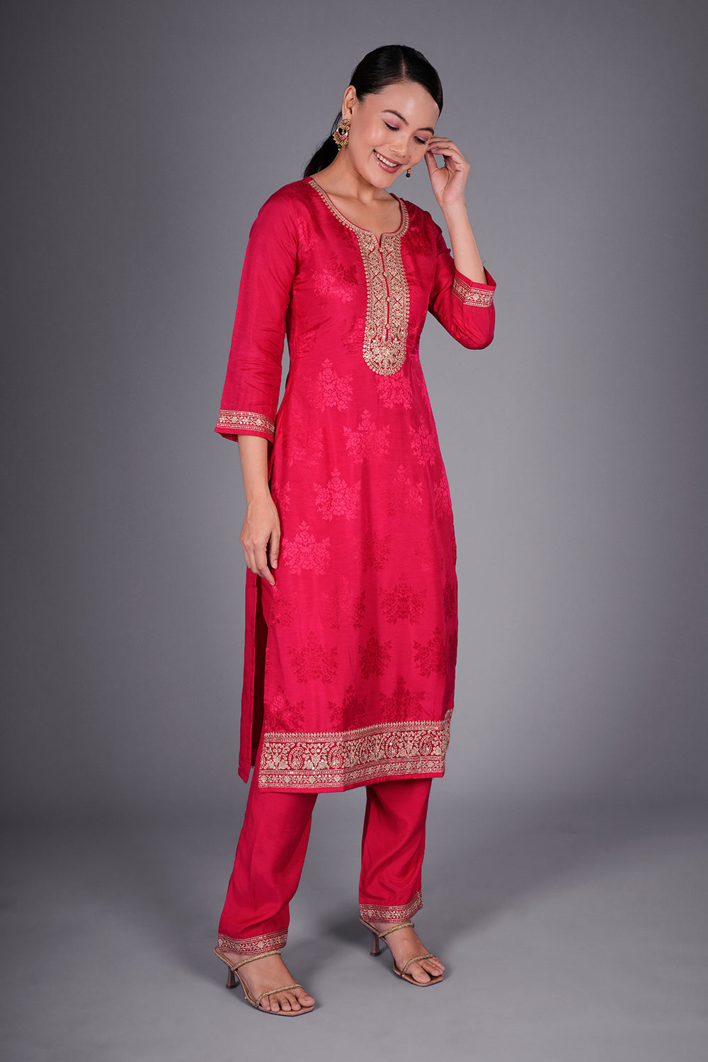Rani Pink Jacquard Kurta Set with Light Gold Zari Embroidery