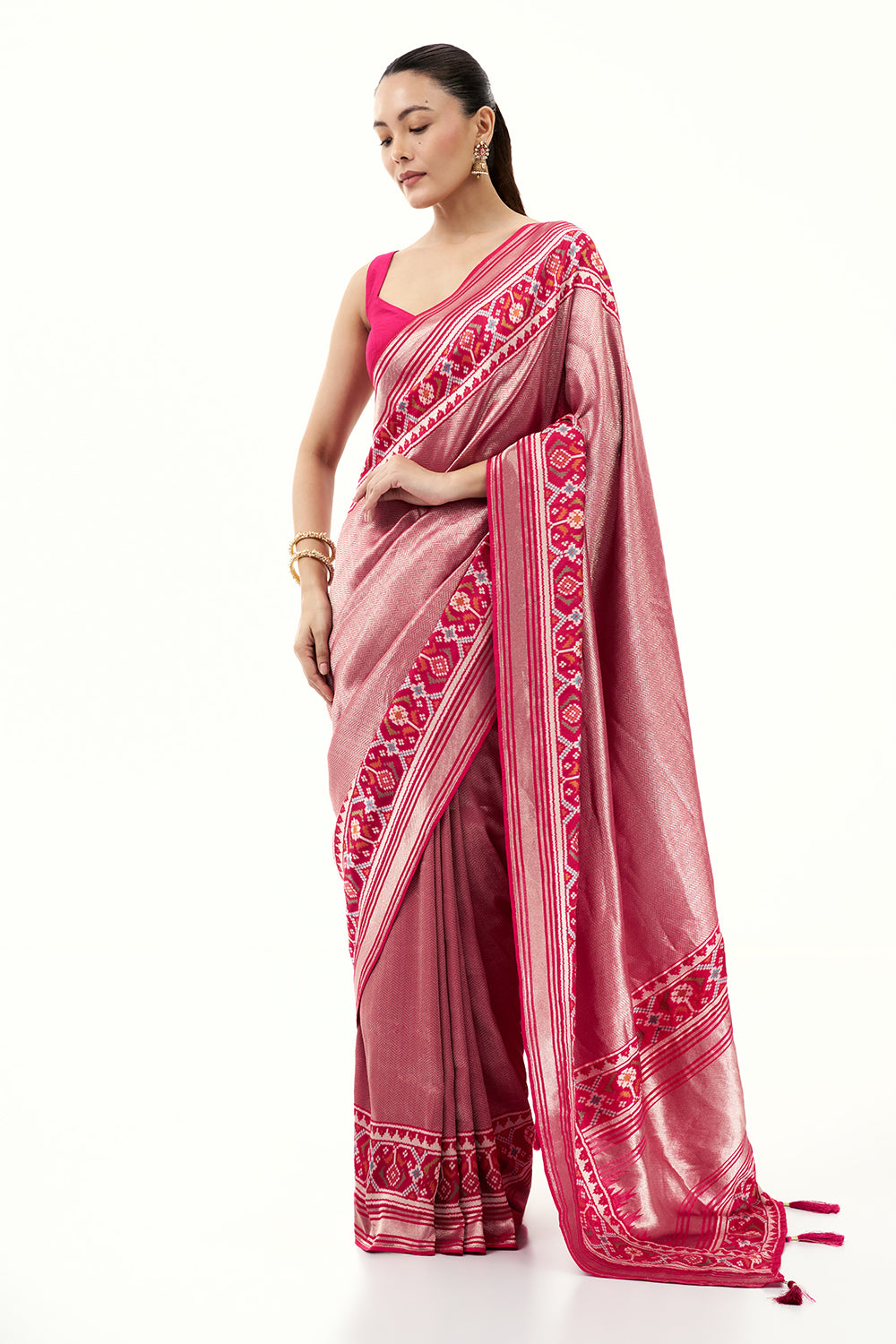 Rani Pink Jacquard Silk Woven Saree with Patola Border