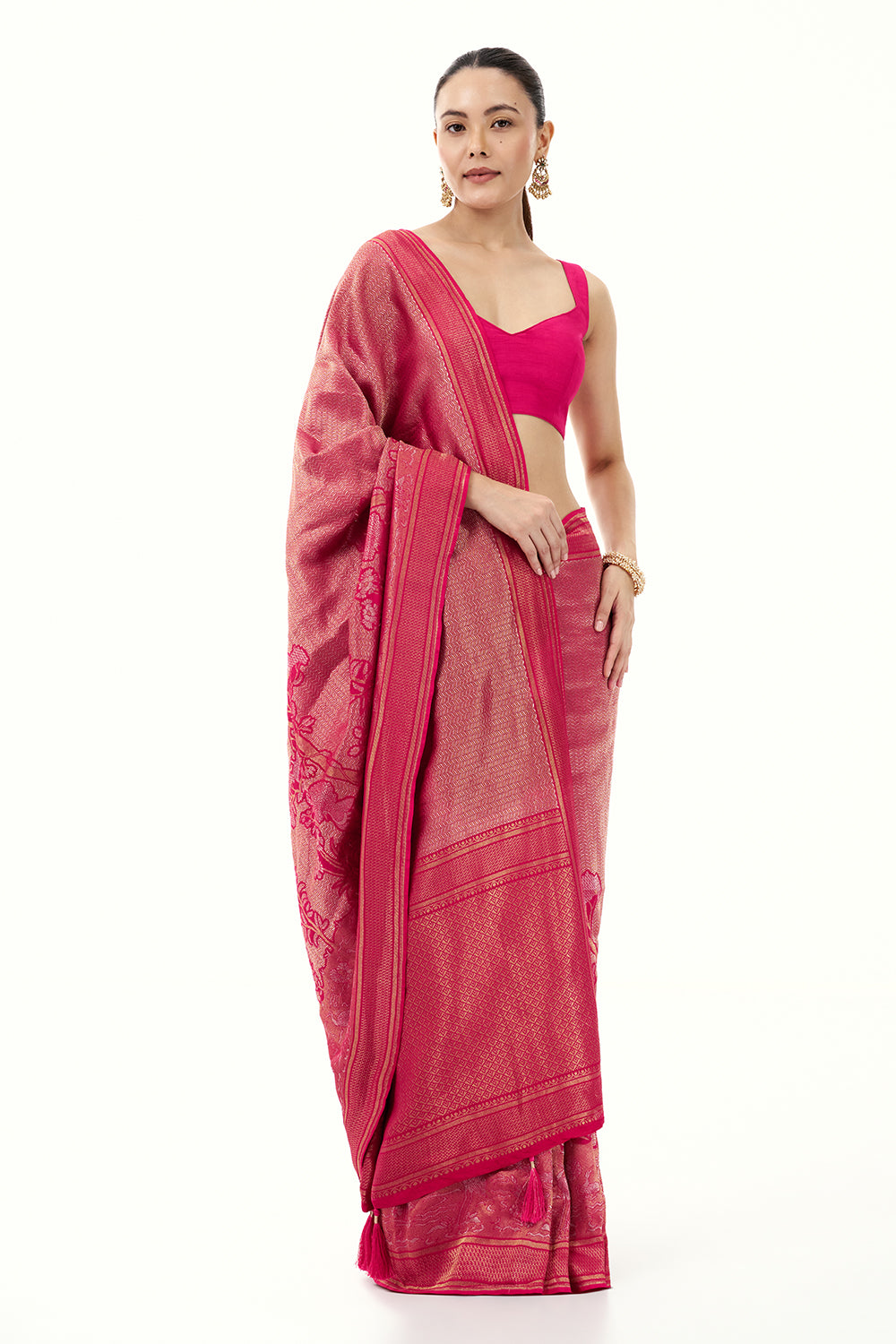 Rani Pink Jacquard Silk Woven Saree with with Nature Inspired Motifs