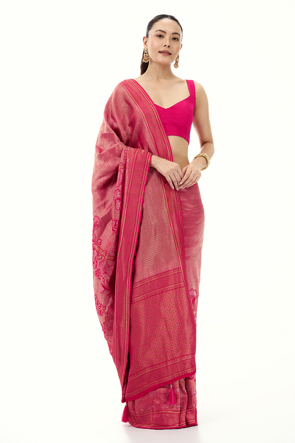 Rani Pink Jacquard Silk Woven Saree with with Nature Inspired Motifs