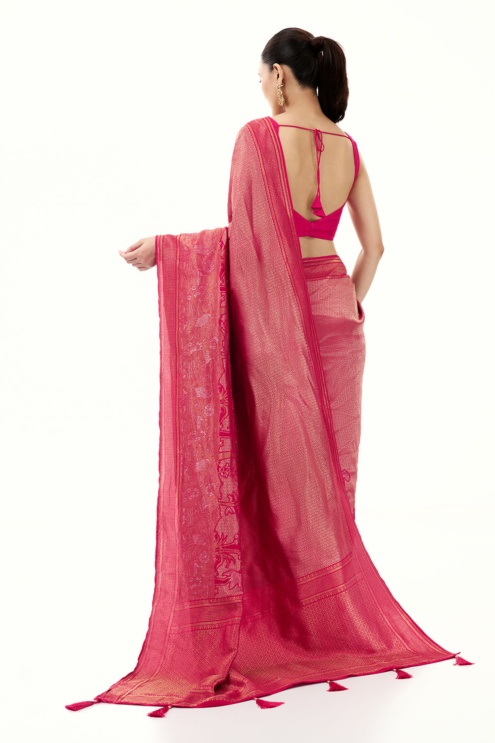 Rani Pink Jacquard Silk Woven Saree with with Nature Inspired Motifs