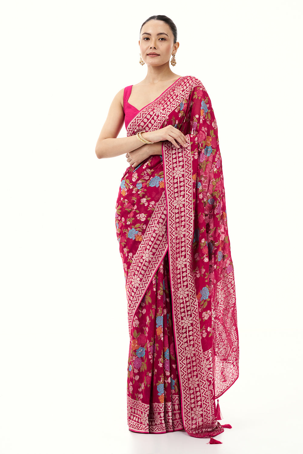 Rani Pink Khadi Georgette Woven Saree with Floral Designs