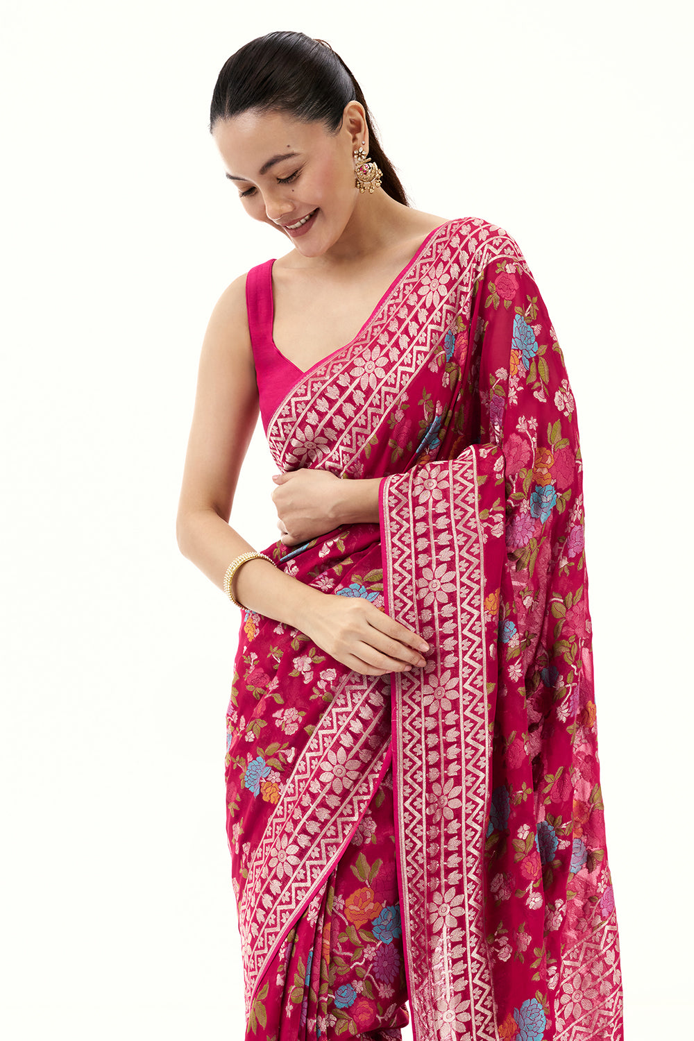 Rani Pink Khadi Georgette Woven Saree with Floral Designs