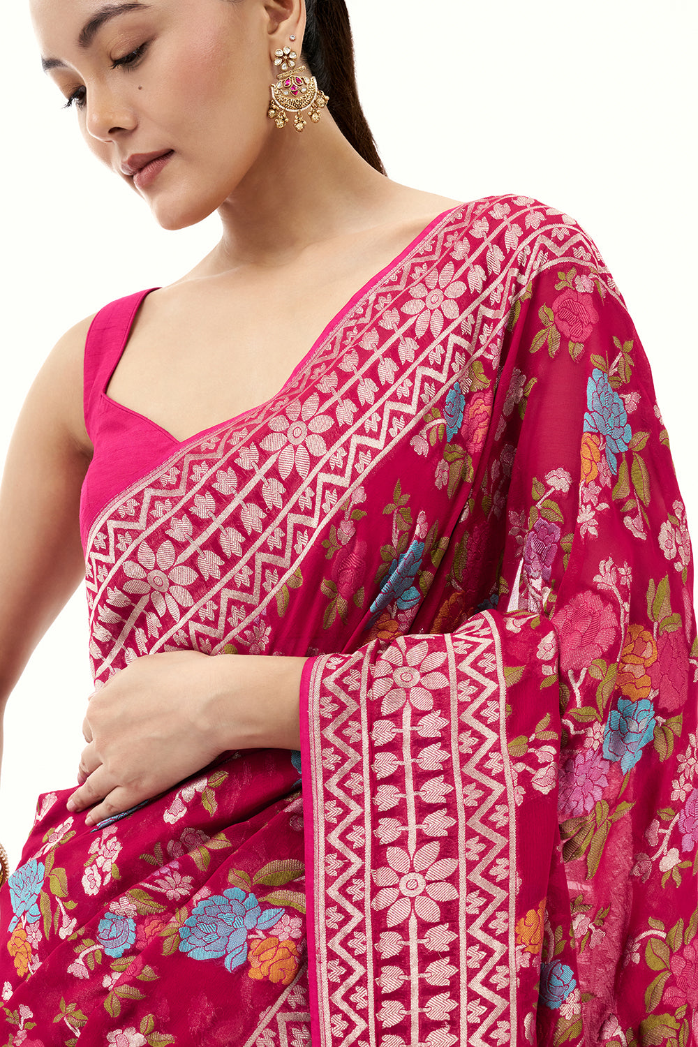 Rani Pink Khadi Georgette Woven Saree with Floral Designs