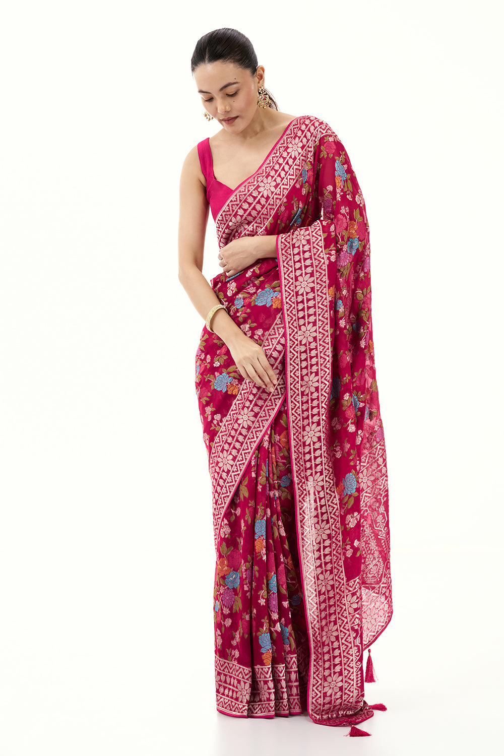Rani Pink Khadi Georgette Woven Saree with Floral Designs