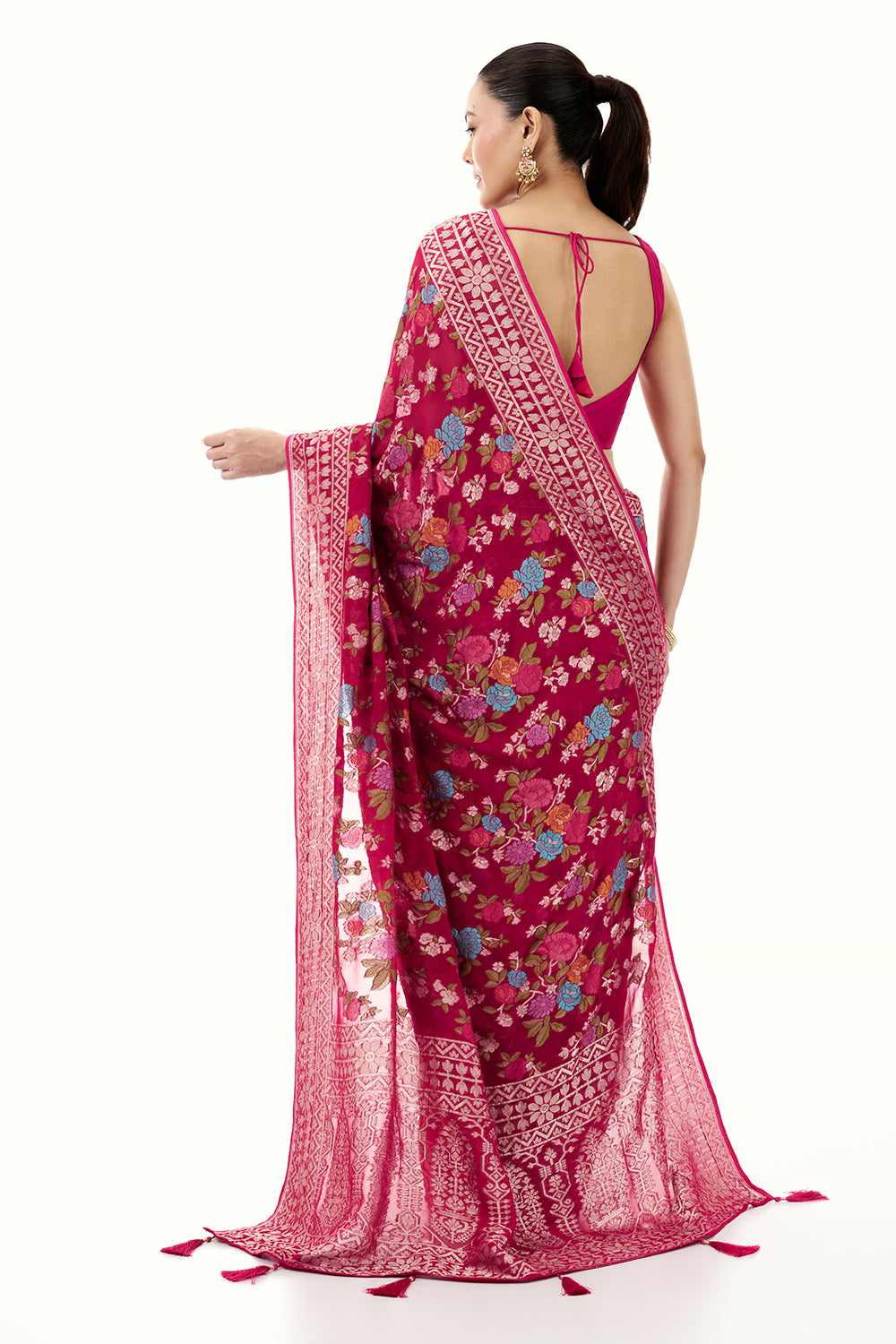 Rani Pink Khadi Georgette Woven Saree with Floral Designs