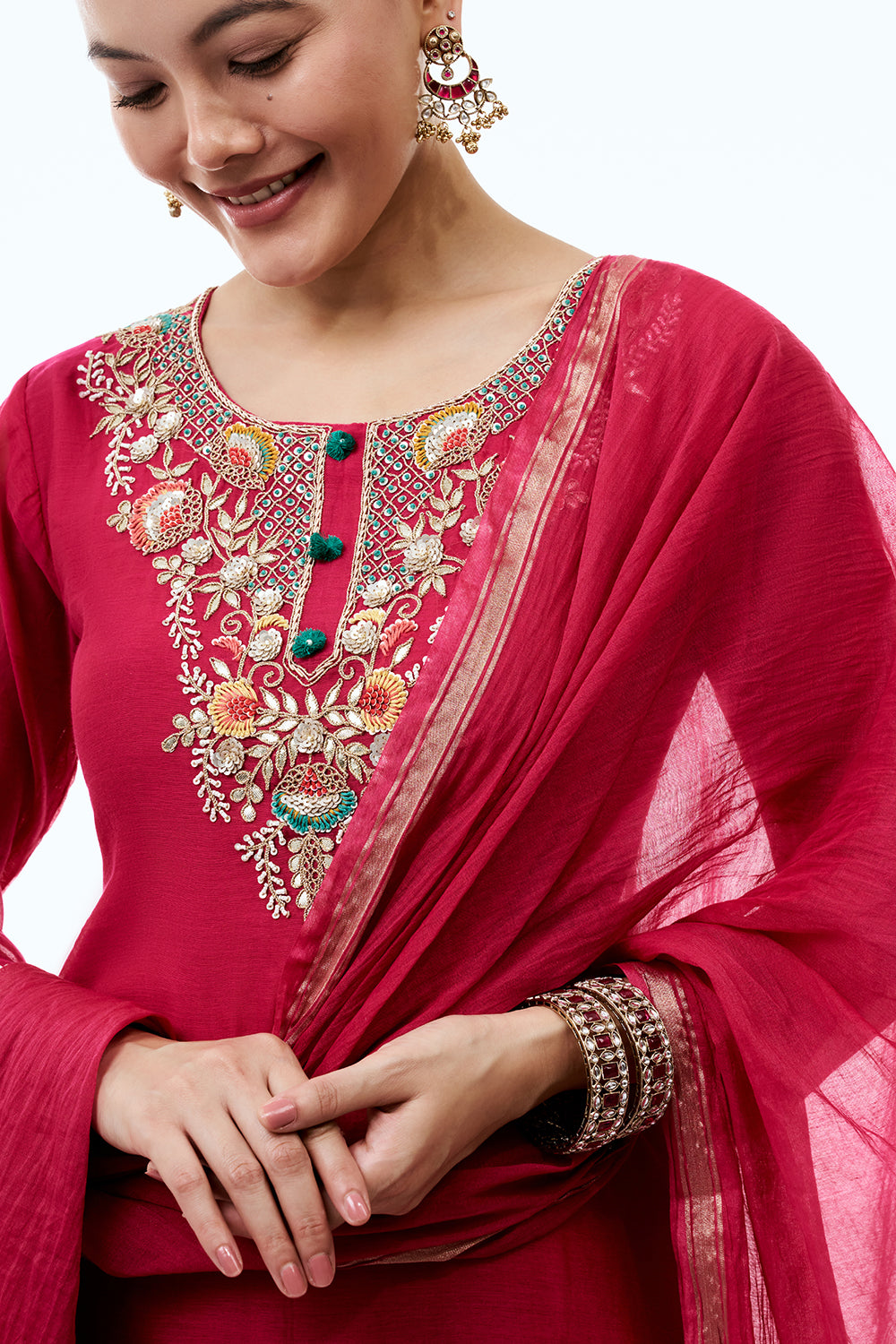 Rani Pink Mul Chanderi Suit Set with Resham and Gotta Work