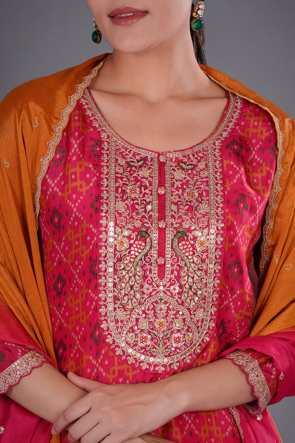 Rani Pink Patola Silk Kurta Set with Patola-Inspired Weaving