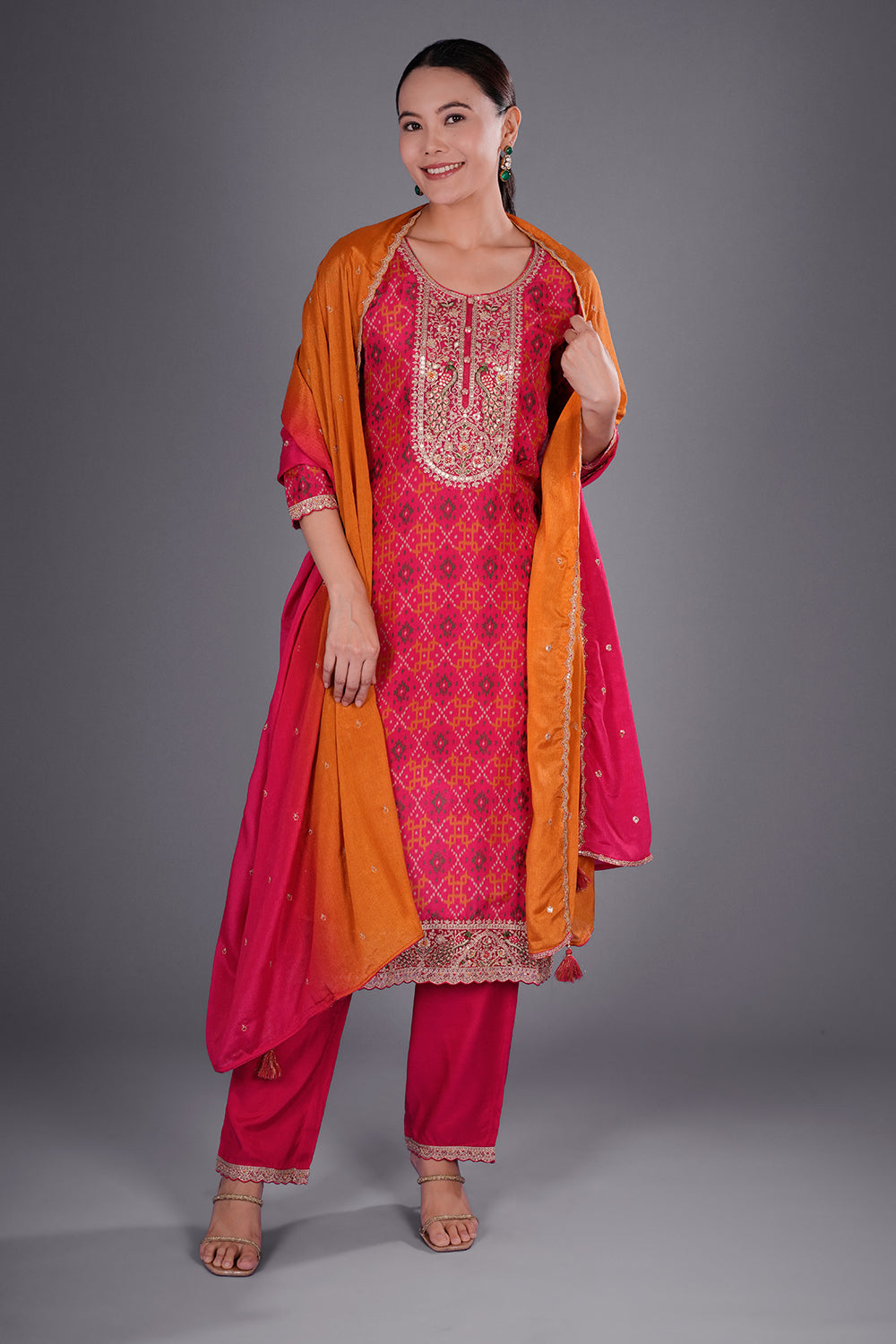 Rani Pink Patola Silk Kurta Set with Patola-Inspired Weaving