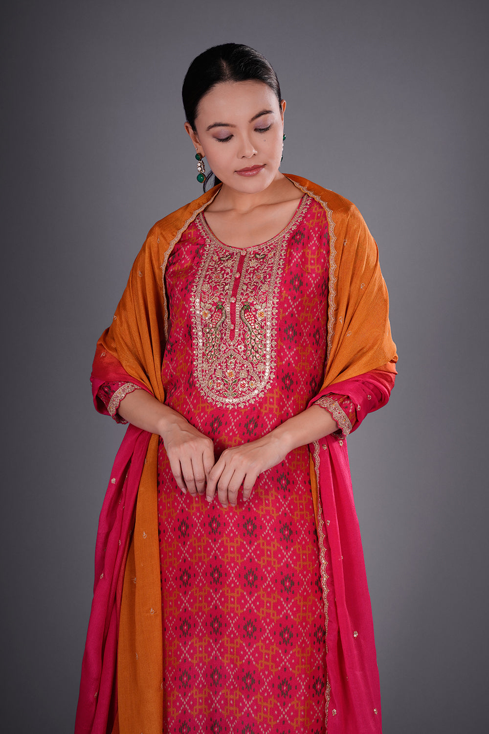 Rani Pink Patola Silk Kurta Set with Patola-Inspired Weaving