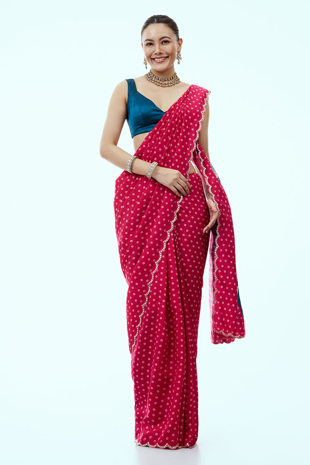 Rani Pink Printed Silk Bandhani with Blue Floral Pallu and Unstitched Blouse