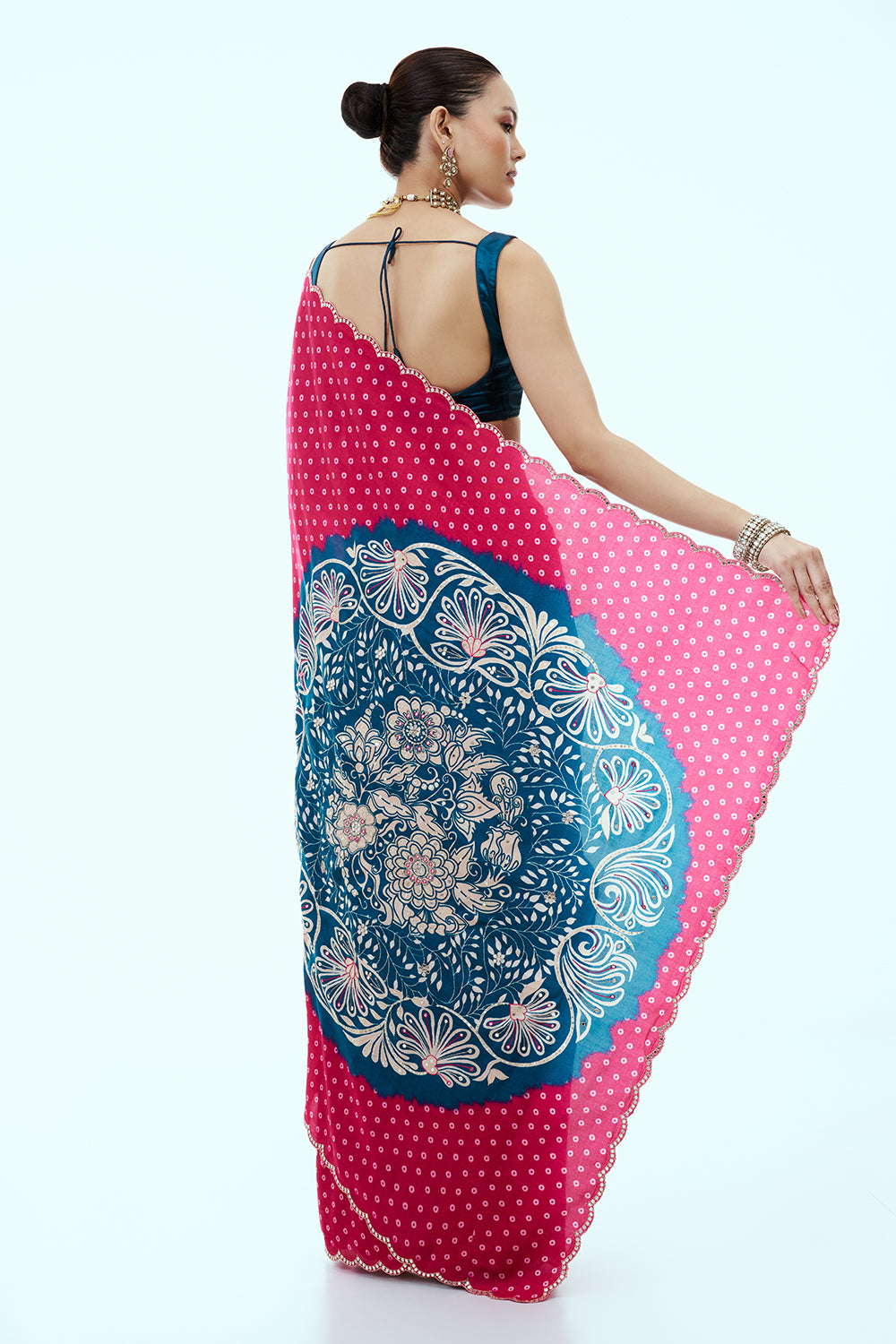 Rani Pink Printed Silk Bandhani with Blue Floral Pallu and Unstitched Blouse