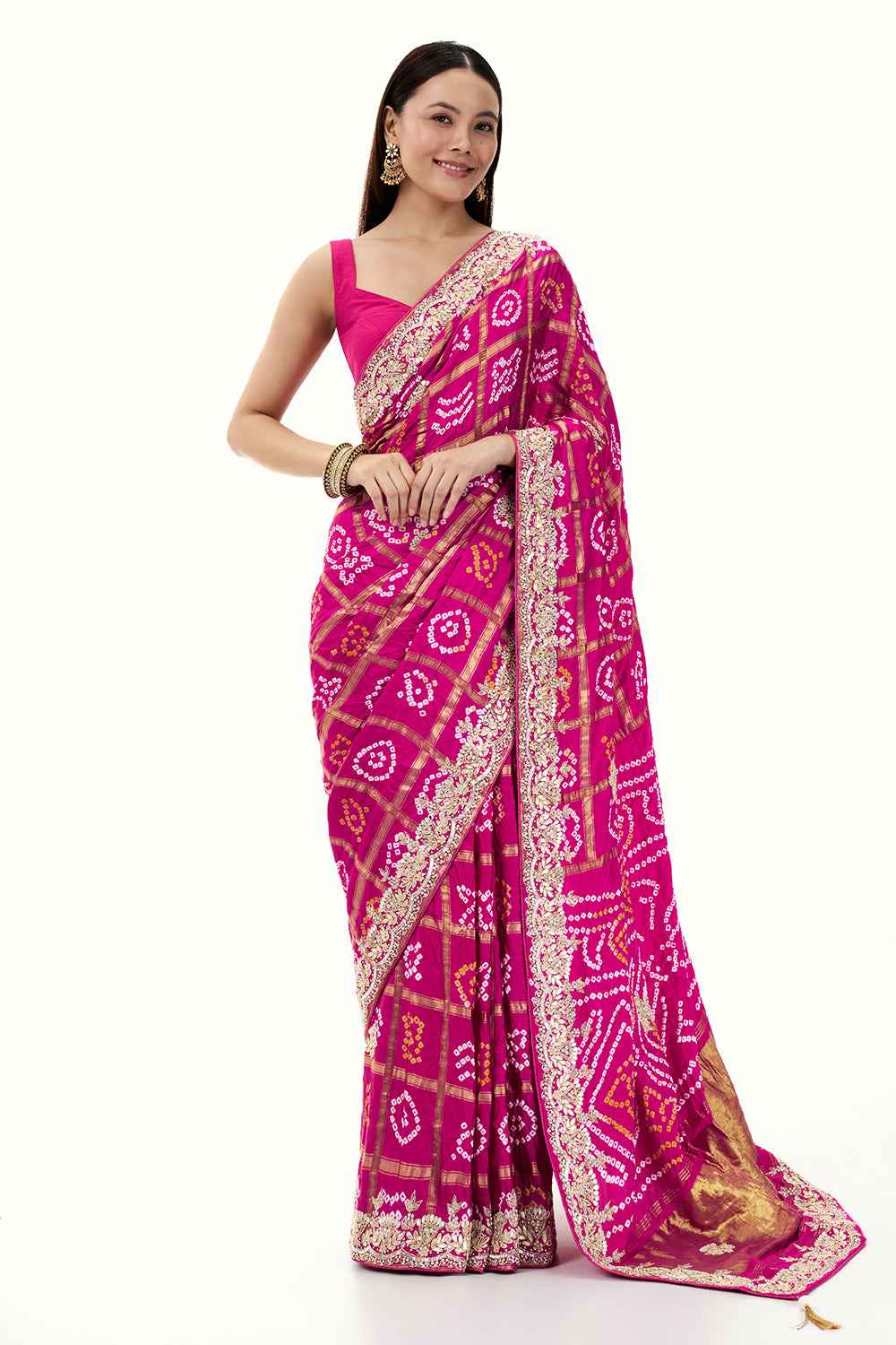 Rani Pink Pure Bandhani Saree with Zardosi Work