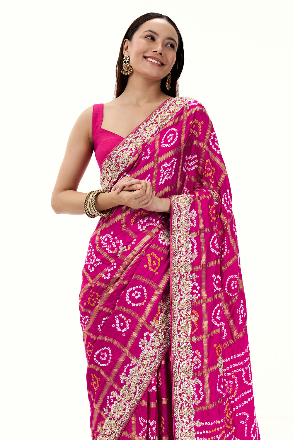 Rani Pink Pure Bandhani Saree with Zardosi Work