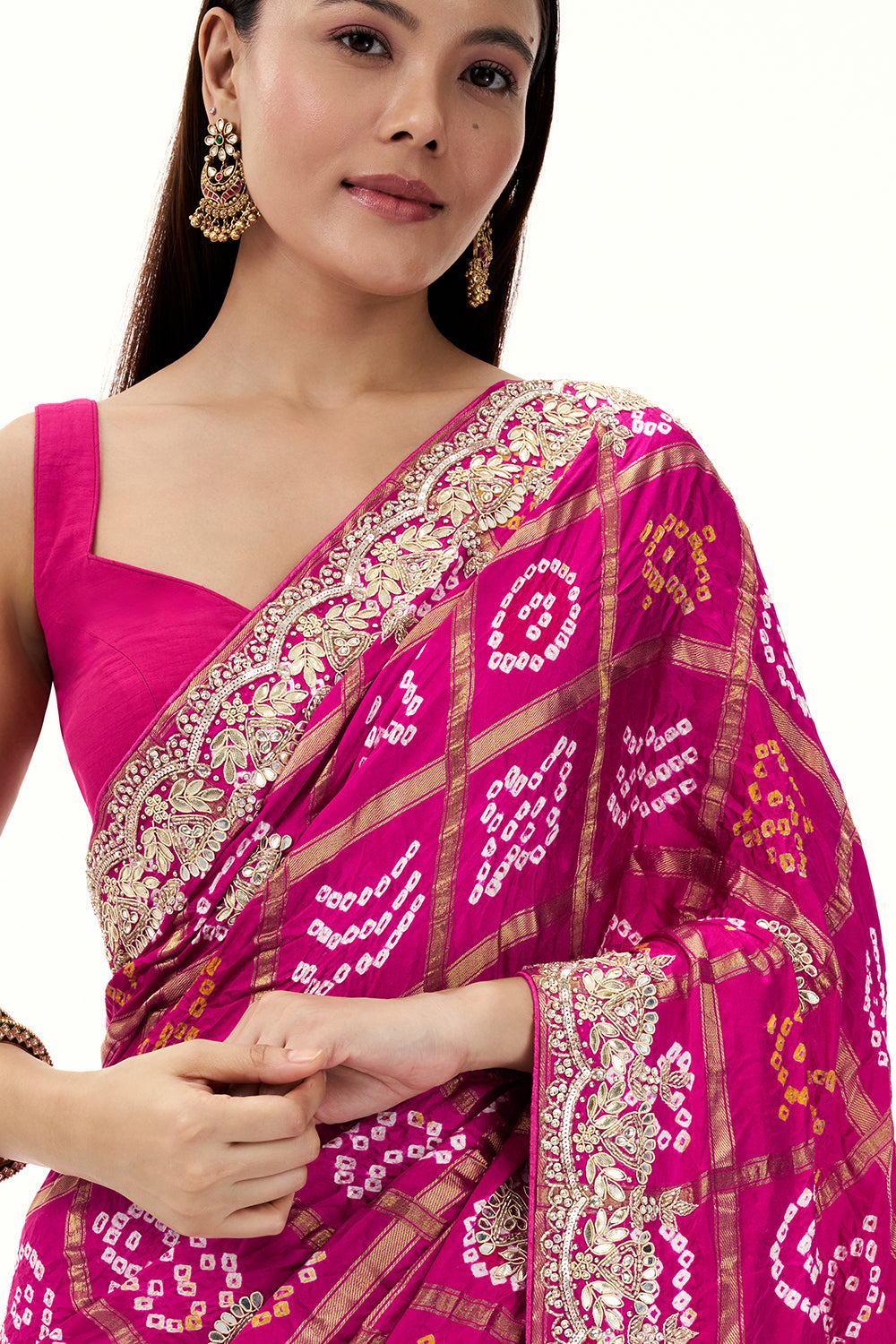 Rani Pink Pure Bandhani Saree with Zardosi Work