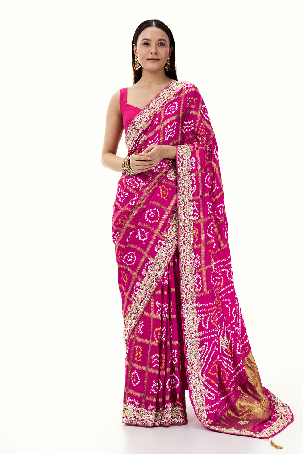 Rani Pink Pure Bandhani Saree with Zardosi Work