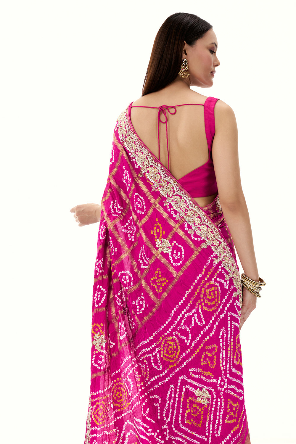 Rani Pink Pure Bandhani Saree with Zardosi Work