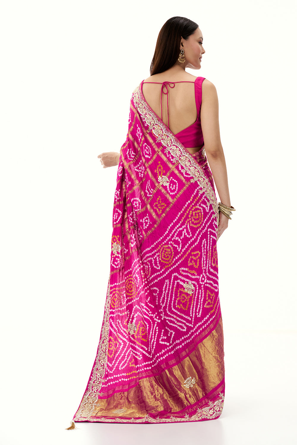 Rani Pink Pure Bandhani Saree with Zardosi Work