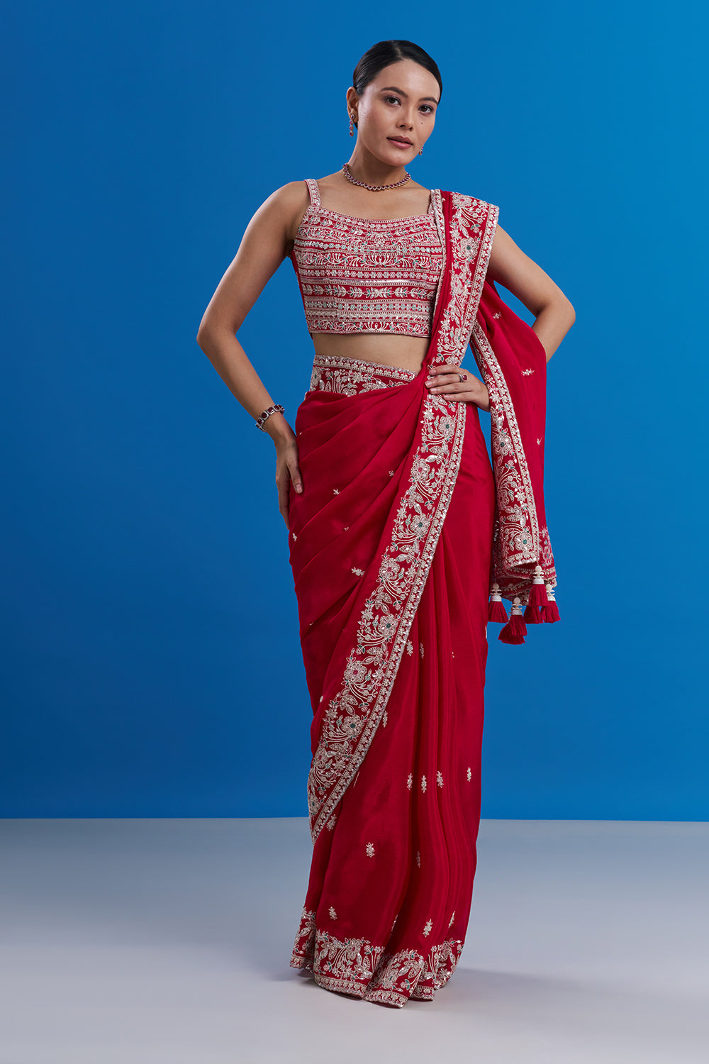 Rani Pink Pure Chiffon Saree with Aari Embroidery And Stitched Blouse