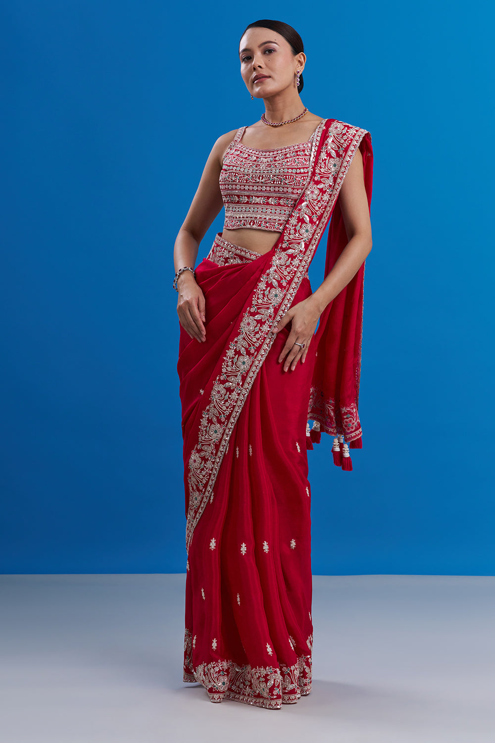 Rani Pink Pure Chiffon Saree with Aari Embroidery And Stitched Blouse
