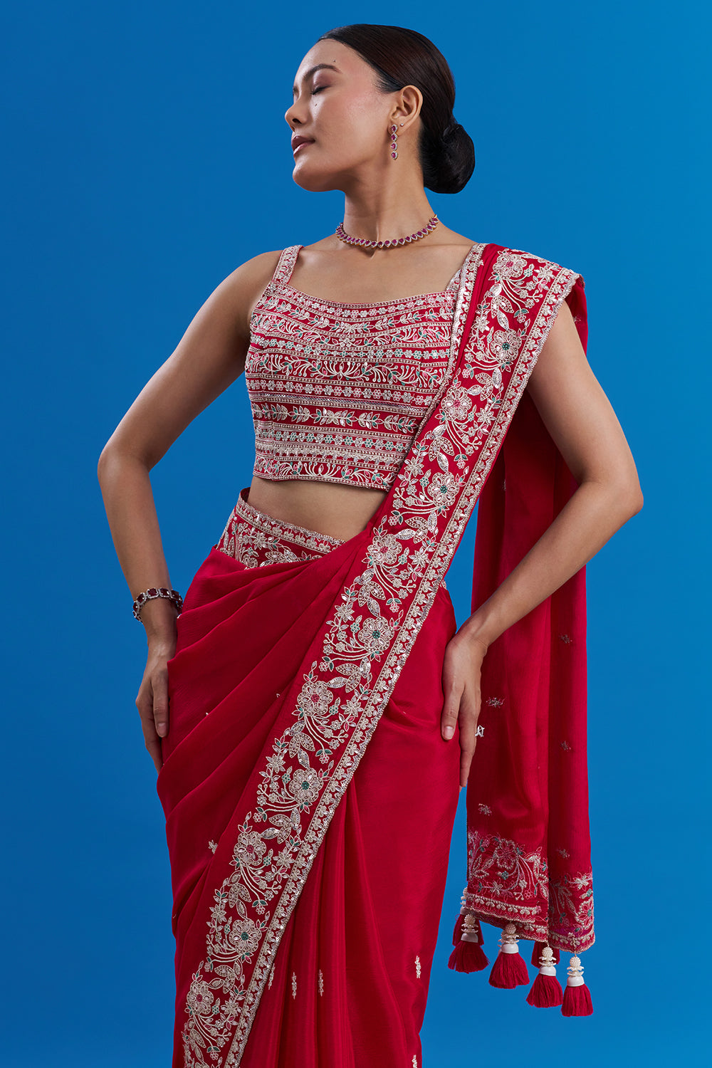 Rani Pink Pure Chiffon Saree with Aari Embroidery And Stitched Blouse