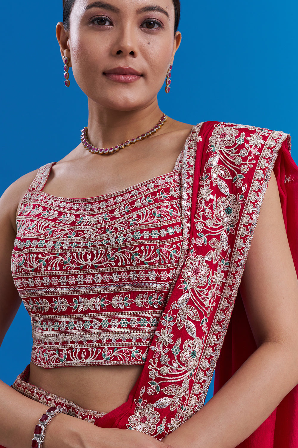 Rani Pink Pure Chiffon Saree with Aari Embroidery And Stitched Blouse