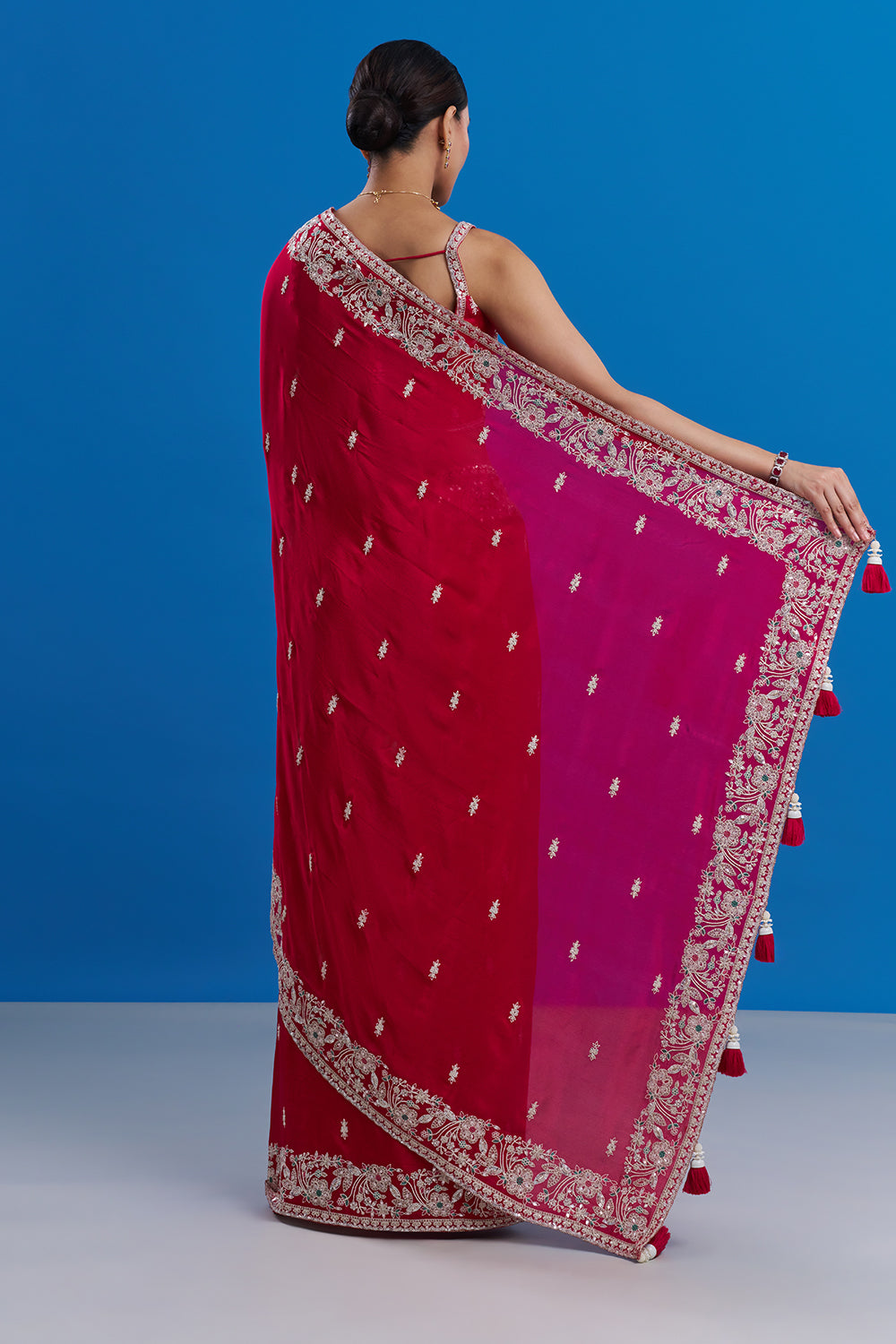 Rani Pink Pure Chiffon Saree with Aari Embroidery And Stitched Blouse