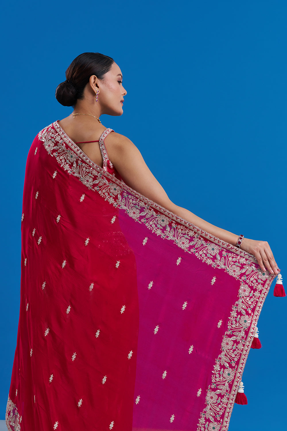 Rani Pink Pure Chiffon Saree with Aari Embroidery And Stitched Blouse