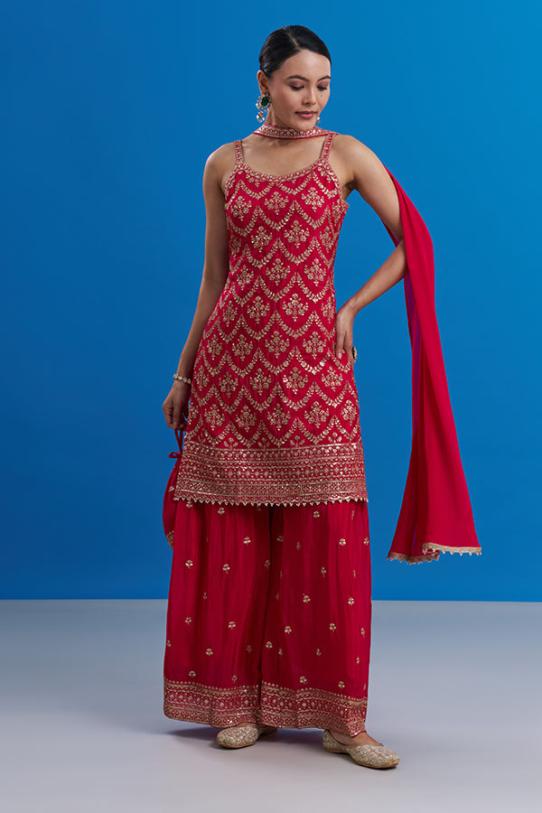 Rani Pink Pure Chiffon Set with Geometric Embroidery