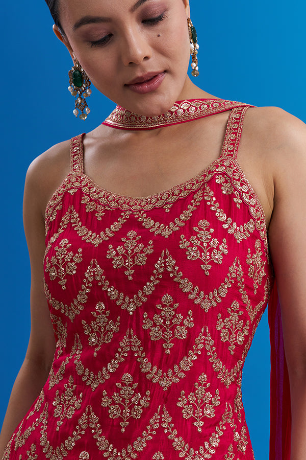 Rani Pink Pure Chiffon Set with Geometric Embroidery